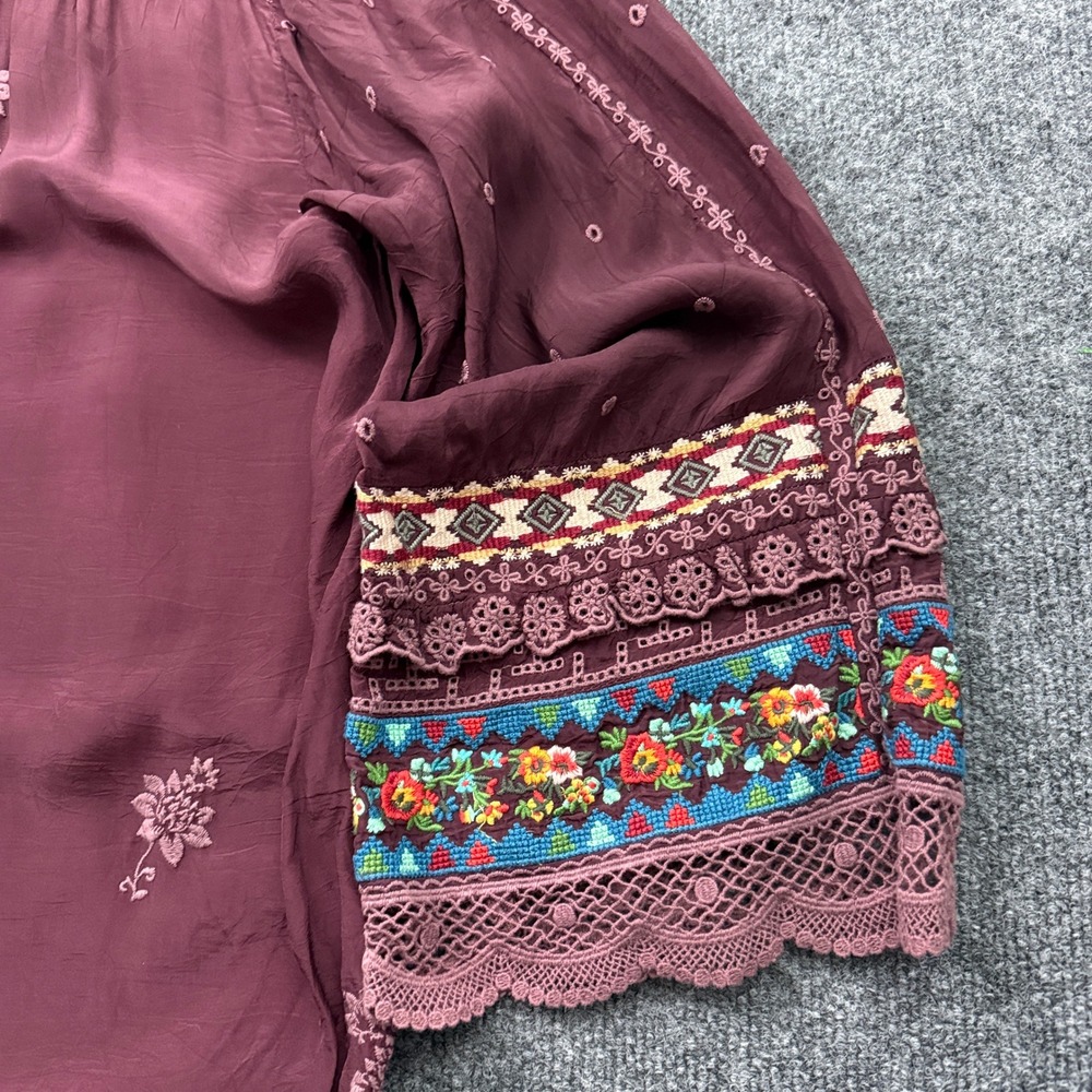 Johnny Was Tunic Top Sz XXL Burgundy Floral Embroidered Lace Boho Indie Peasant - Picture 11 of 16